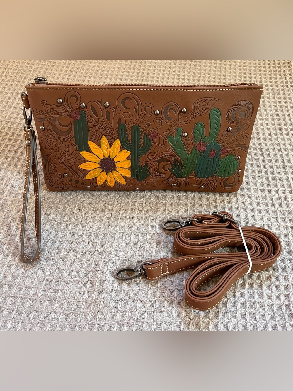 Justin Boots Brown Leather Wristlet Clutch with Sunflower & Cactus Design